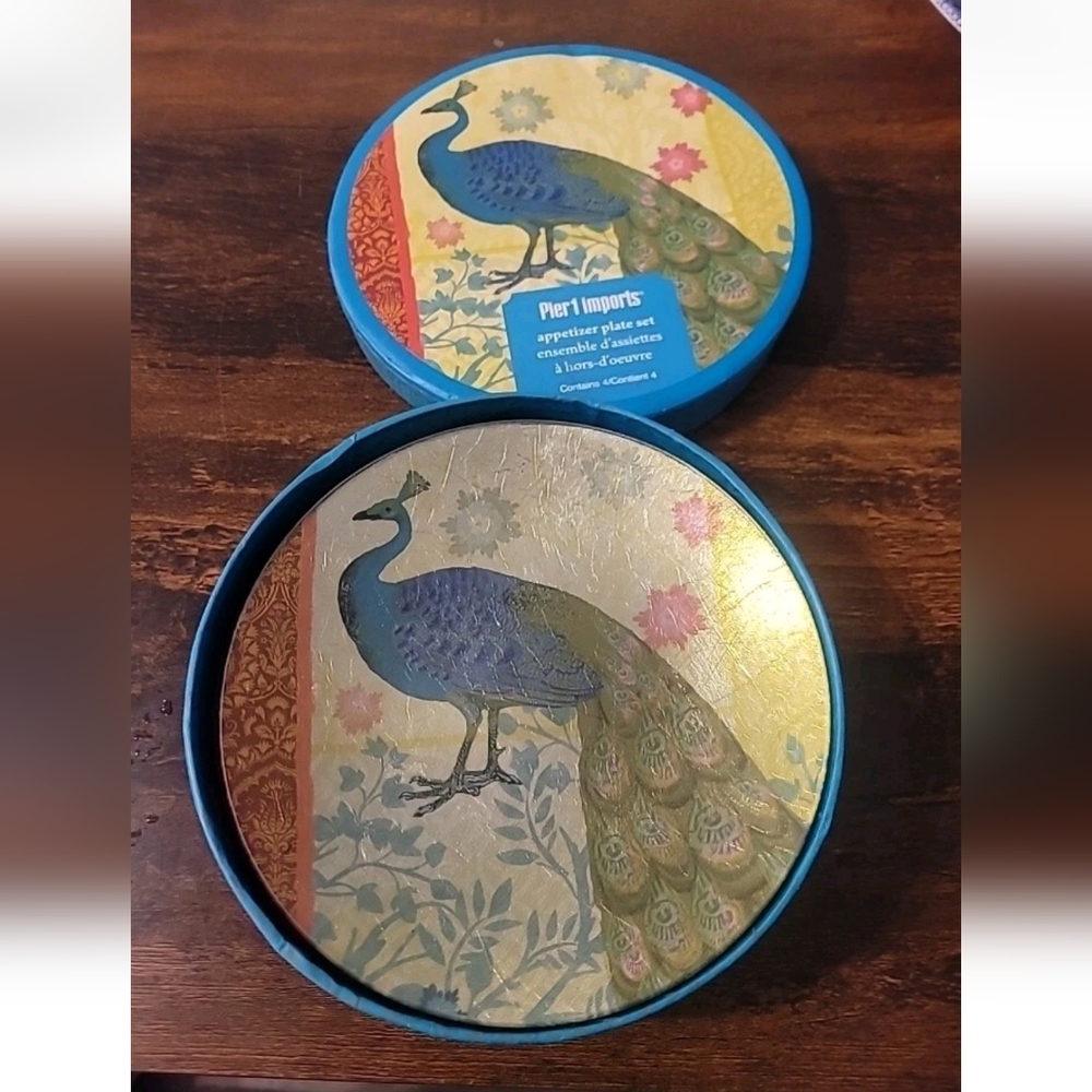Pier 1 Imports 6-inch Peacock Glass & Foil Appetizer Plates Set of 4
